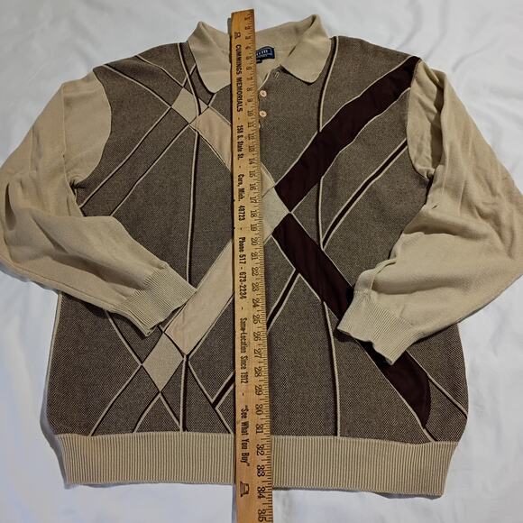 VTG Peletti Lana Collezione 3XL Men's Geometric Tan/Brown Collared Coogie-like - Picture 7 of 11